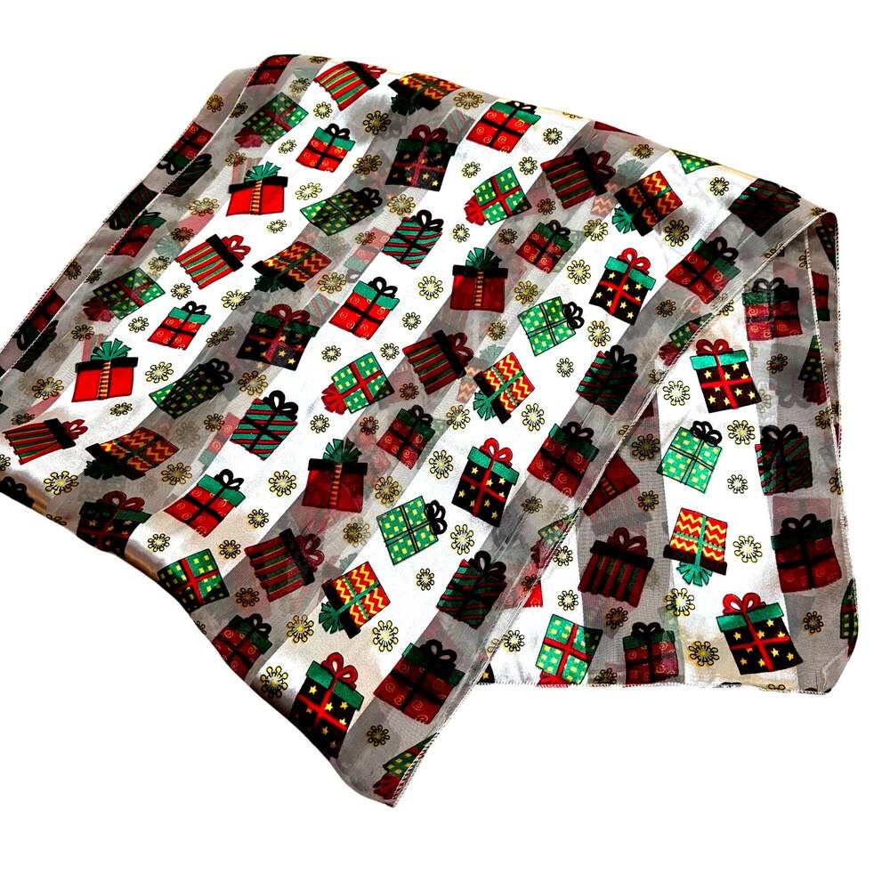 Silky Christmas scarf festive gifts motif long rectangle satin burnout stripes